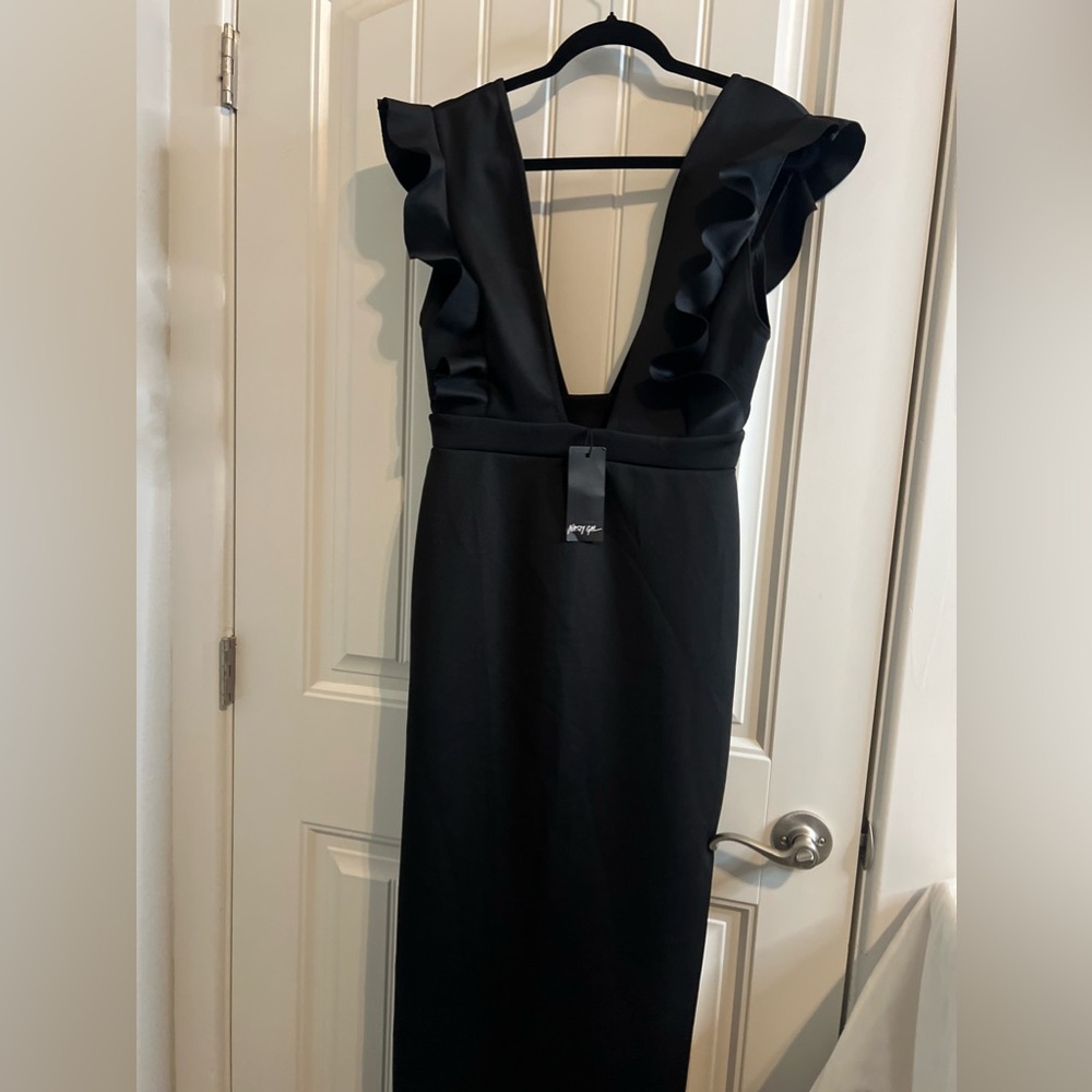 NASTY GAL Plunge Ruffle Split Leg Maxi Dress Black Feminine Elegant Dress